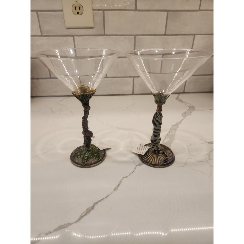 Set Of 2 Enameled & Rhinestone Jeweled‎ Stem Giraffe And Zebra 7.5" Tall New